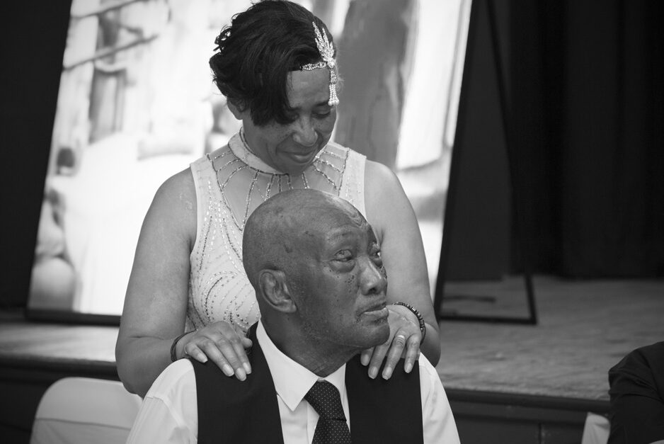 bride resting her hands on her father at West Wickham wedding in Kent