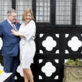 bride and groom outside tudor house at Hever Hotel in Hever, Kent