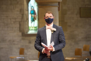 Best man in facemask at St Stephen's Church wedding in Tonbridge, Kent