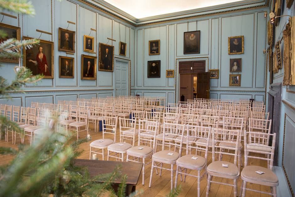Ceremony room ready with chairs set out at Bradbourne House in East Malling, Kent.