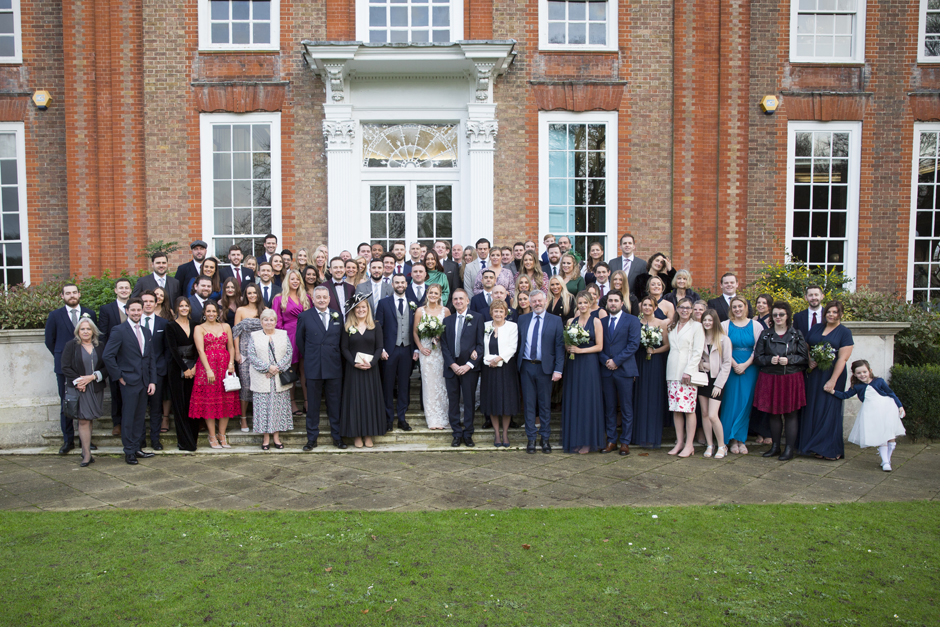 Wedding family and friends group shots captured on front steps of Bradbourne House in East Malling, Kent.
