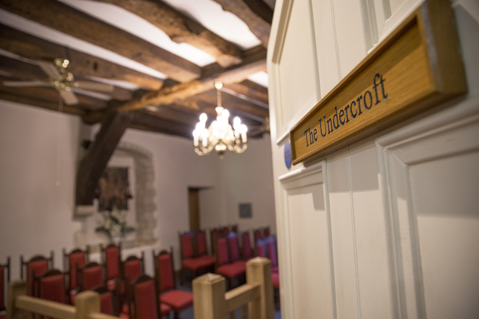 The Undercroft sign leading into the room at Archbishop's Palace, Maidstone Kent