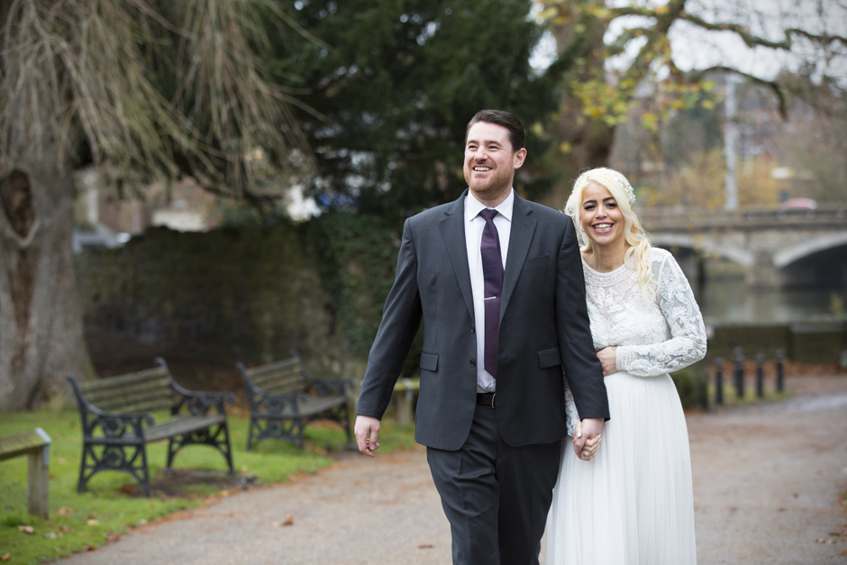 Bride and Groom outside their winter wedding in Maidstone, Kent.