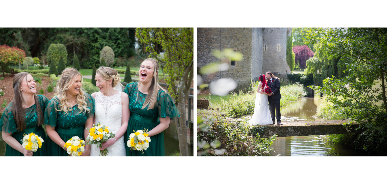 Left image - bride laughing with bridesmaids at The Orangery in Maidstone. Right image - bride and groom kissing on platform at Allington Castle in Kent.